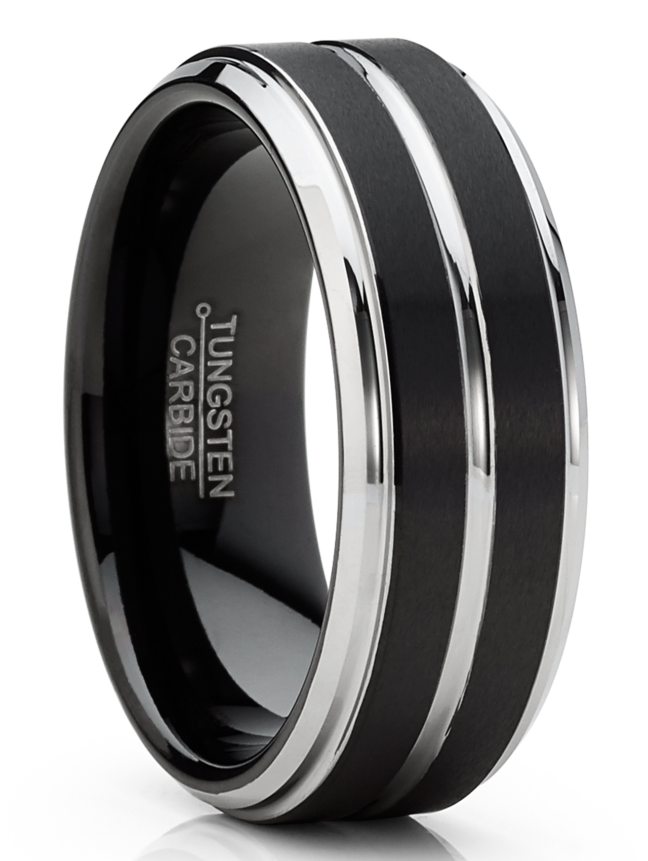 Men Tungsten Two-Tone Wedding Band Grooved Ring 8MM Black Silvetone