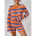 thumbnail image 2 of FOCUSNORM Women 2 Pieces Fall Shorts Outfits Stripe Patchwork Crew Neck Long Sleeve Sweater Knit Tops Shorts Clothes Set, 2 of 8