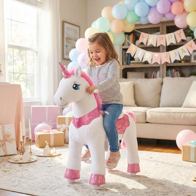 PonyCycle Kid-Powered Ride-On Unicorn Toy, No Battery, Hand Brake, Ages 3-4, Pink, E312