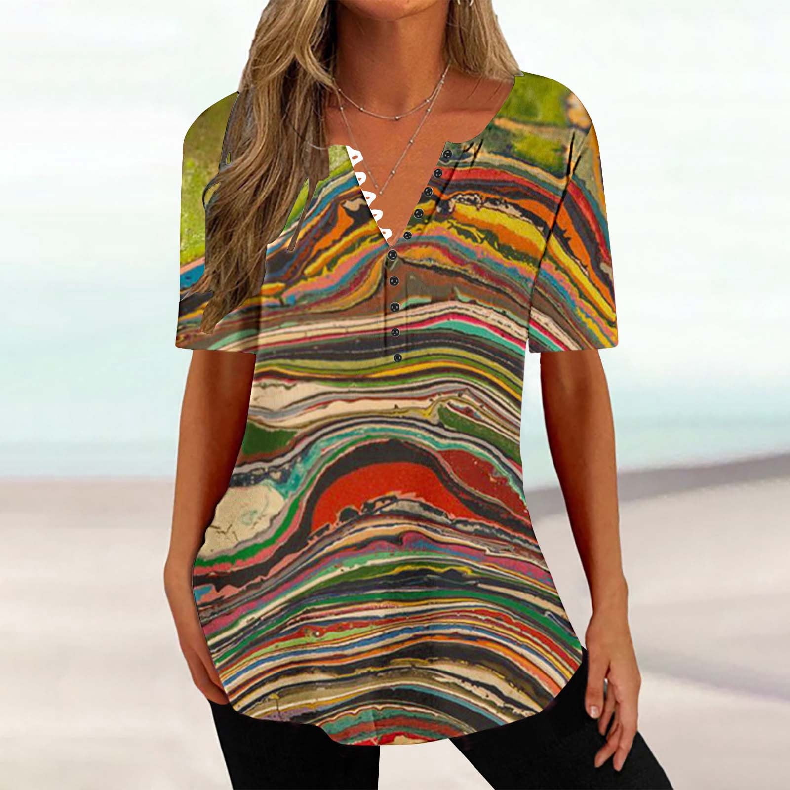Offres jusqu'à 70 % de Rabais! Hauts d'Été pour Femmes 2024 Grande Taille T-shirt à Imprimé Mode à Boutons à Manches Courtes à Col Rond Haut Cadeau pour Femmes en Solde
