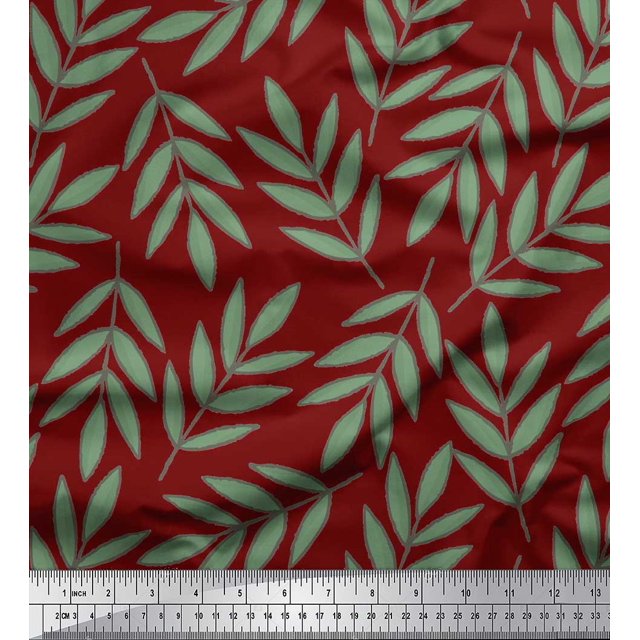 Soimoi Tissu en Viscose Rouge Imprimé Feuilles de Pacanier Tissu au Mètre 42 Pouces de Large