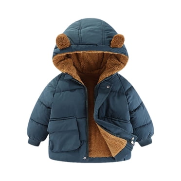 Winter Savings! SROBPTY Boys and Girls Fall and Winter Plus Thick Solid Color Coat Small and Medium-Sized Hooded Warm Coat, Toddler Winter Jackets Blue, 2 Years