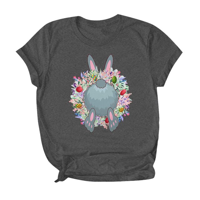 Pompotops Femmes Mode Pâques Couronne de Lapin Imprimé Col Rond Manches Courtes Chemisier Top