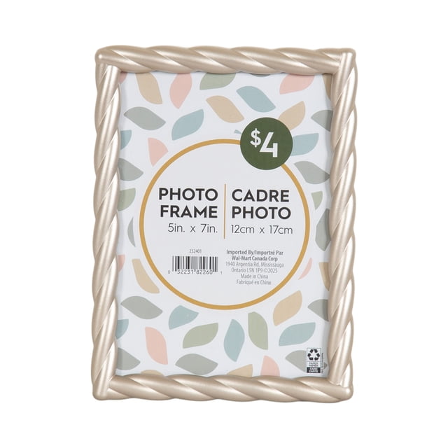 Saltana 5x7 Braided Silver Tabletop Picture Frame with a twisted rope silver finish, suitable for tabletop or wall display, holding a 5 by 7 inch photo with a colorful leaf pattern insert and price tag.