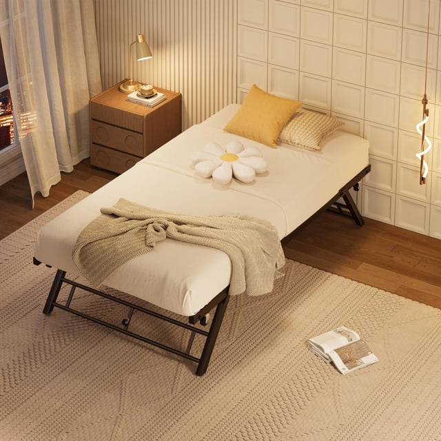 Twin Pop Up Trundle Bed Frame, Trundle Day Bed with Lockable Casters, Foldable Metal Platform, Metal Slats Support