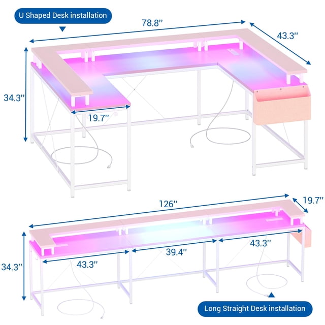 GloryStar U Shaped Home Office Desk, Reversible L Shaped Gaming Computer Desk with Power Outlets,126 Inch Computer Desk with Monitor Stand and LED Lights,Storage Shelves,Storage Bag and Hooks