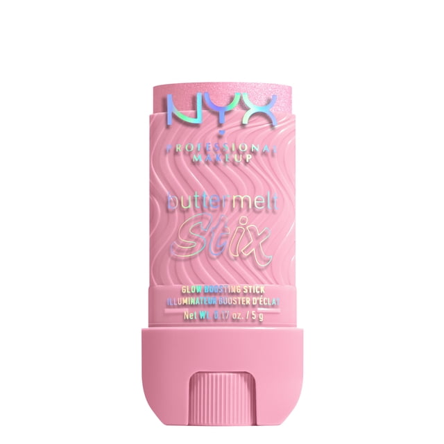 NYX Professional Makeup Buttermelt Stix Glow Boosting Highlighter in a pink twist-up stick with embossed wavy texture and holographic lettering, featuring a smooth, non-greasy formula infused with coconut oil and cupuacu for a moisture-rich glow on face and body, also suitable for subtle contouring.