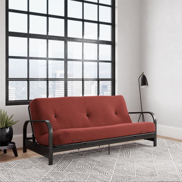 Cleo Black Metal Arm Full Size Futon Frame with 6” Thermobonded High Density Polyester Fill Mattress