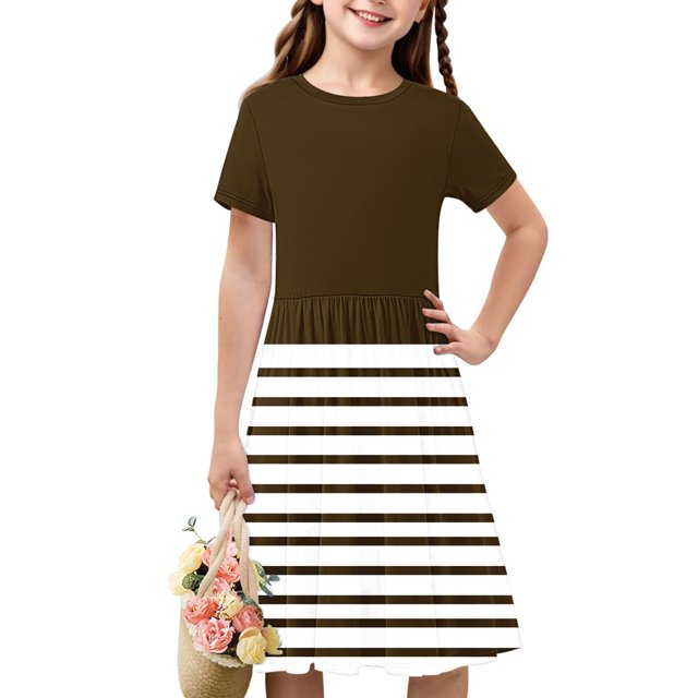 Liquidation Aujourd'hui Iumwxz Robe Décontractée Trapèze Robe Tunique pour Adolescentes Robe Col Ras du Cou Imprimé à Rayures Manches Courtes Robes pour Enfants Robe Ravissante pour Costume 4-14a