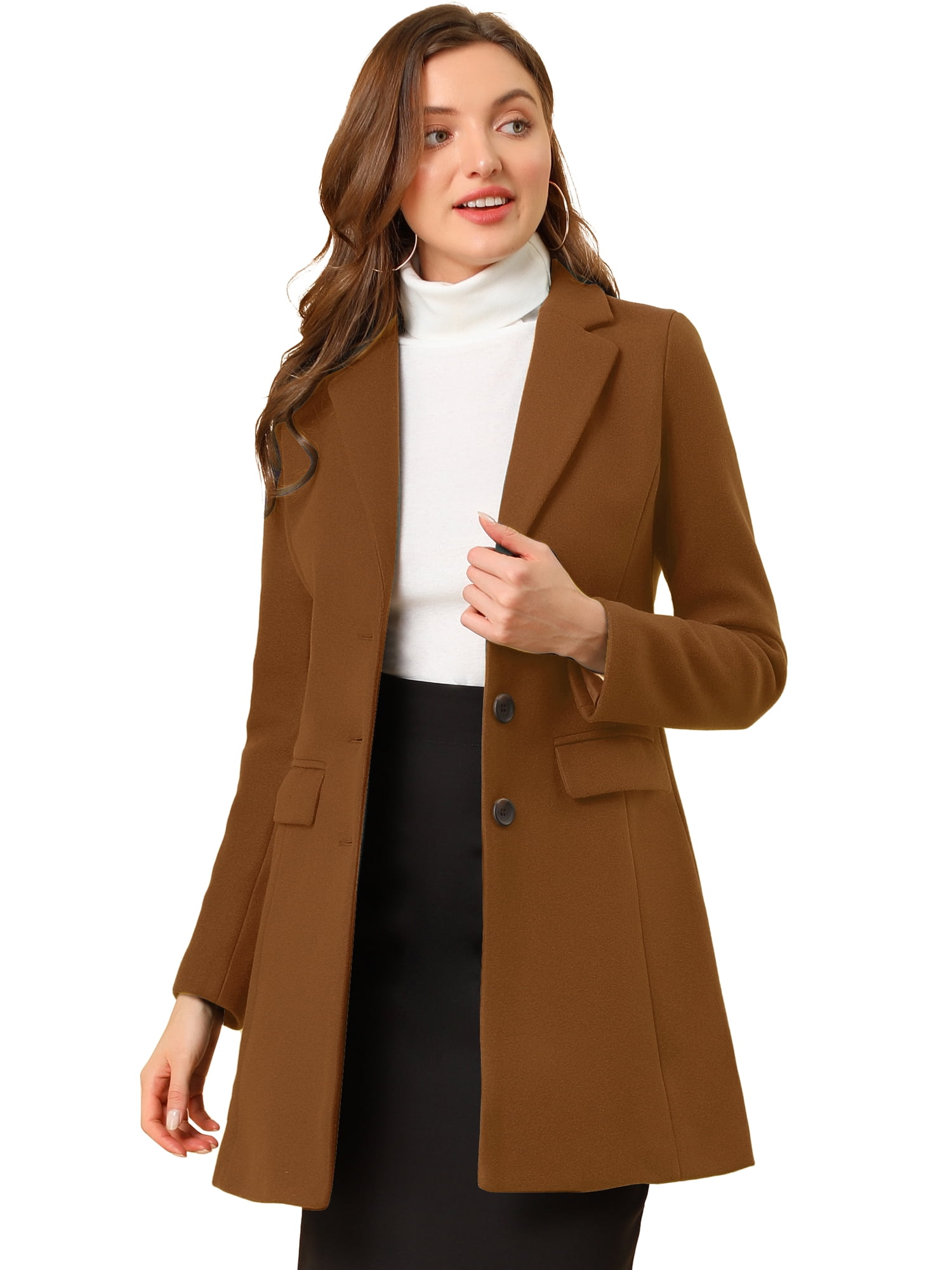 INSPIRE CHIC Manteau d'Hiver pour Femme à Revers Cranté, Simple Boutonnage, Manches Longues, Brun Foncé, m