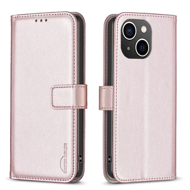Compatible with iPhone 15 Plus Wallet Case with Card Slots Magnetic Closure Flip Folio Cover. High-quality PU leather wallet case in soft pink, featuring three card slots, a cash pocket, and a magnetic closure for secure storage. Designed for full-body protection against dust, dirt, and scratches while maintaining access to all phone functions. Ideal for everyday use or business trips.