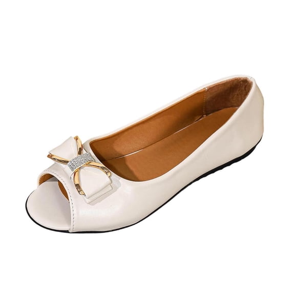 Beige Women'S Casual Flat Moccasins Shoes Open Toe Slip On Bowknot Lightweight Non Slip Breathable Comfortable Indoor Outdoor For Spring