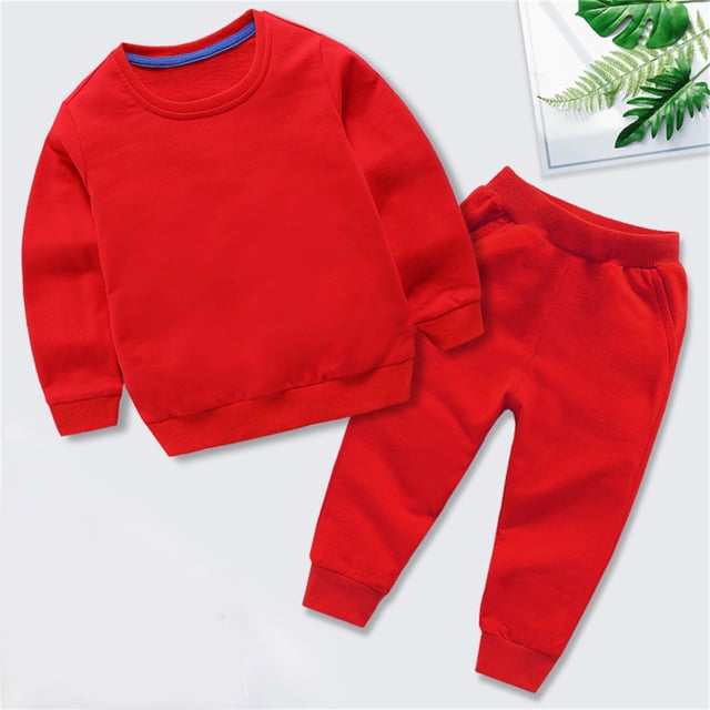LSLJS Ensemble Automne Hiver pour Tout-Petits Garçons Filles, Bonbon, Couleur Unie, Chandail à Col Rond et Pantalon de Jogging ( Rouge, 9-10 Ans )