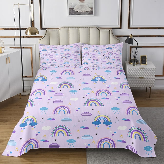 Erosebridal Cartoon Rainbow Coverlet Set King, Purple Bedding Set, Dreamy Princess Decor 3pcs