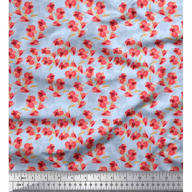 Soimoi Blue Poly Georgette Fabric Artistic Floral Printed Fabric 1 Yard 42 Inch Wide