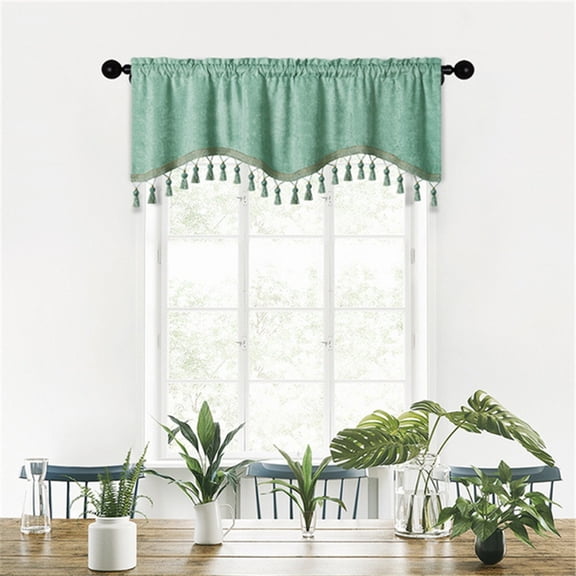 Fridja Soft Tassles Valance Curtains, Solid Color Elegant Valances for Kitchen Bedroom Living Room, 1 Piece Green Rod Pocket Short Window Valance, 59.06x15.75 in
