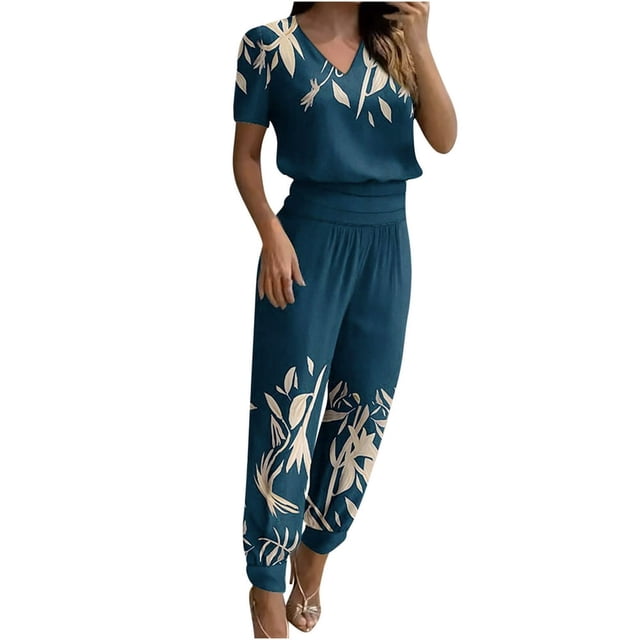 Ensemble 2 Pcs pour Femmes Été Col Uni Manches Courtes Blouse Haut + Pantalon Ample avec Poches