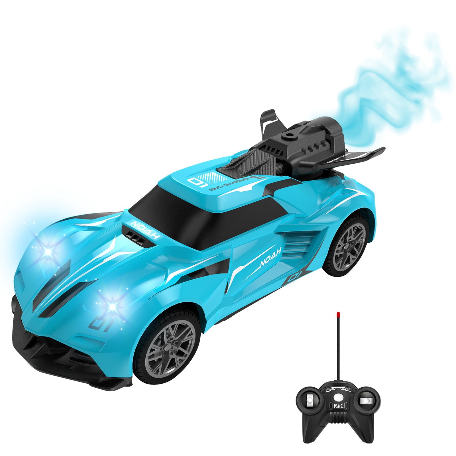 Blue Led Spray Remote Control Car With Water Mist Effect 2.4G High Speed Rc Racing Toy For Kids Ages 5+ 8.7X2.8X4.1 Inches