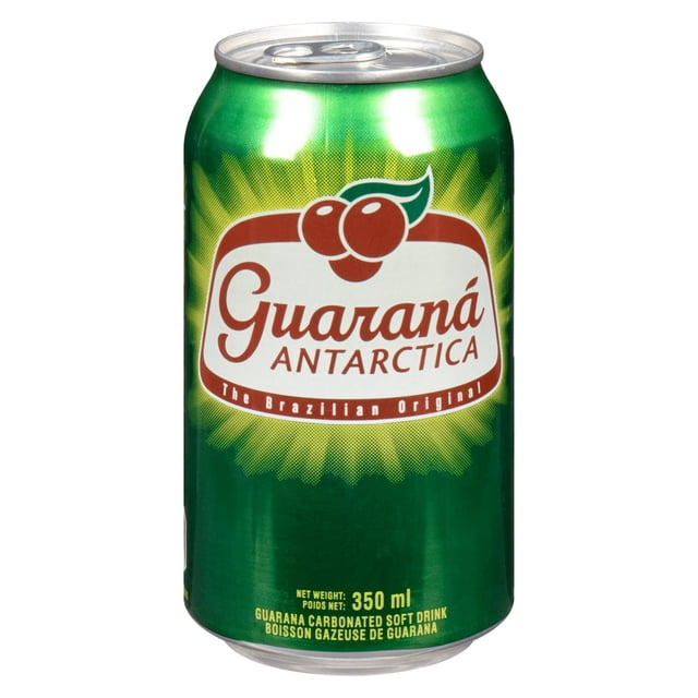 Guarana Antarctica Canette en Aluminium Verte de 350 ml, Boisson Gazeuse Brésilienne Sans Gluten et Sans Parfum Faite à Partir du fruit Guarana d'Amazonie, avec un logo Rouge et Blanc et Deux Baies de Guarana, Communément Trouvée dans les Boissons Latino-Américaines.
