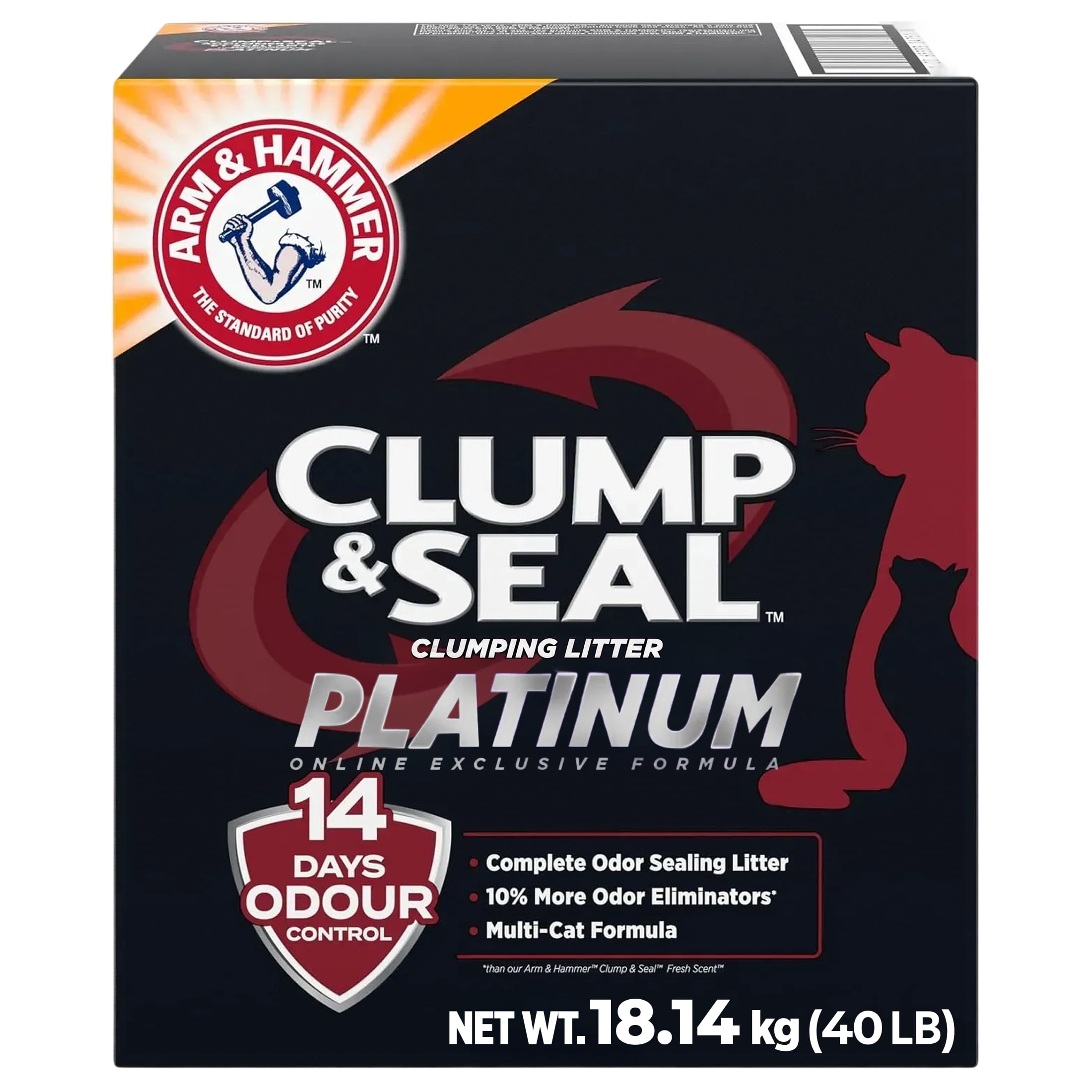 Arm & Hammer Platinum Clump & Seal Clay Cat Litter, Multi-Cat, Easy Clean up, Rock Hard Clumps, Odour Control, Dust Free, Value Size, 18.14kg