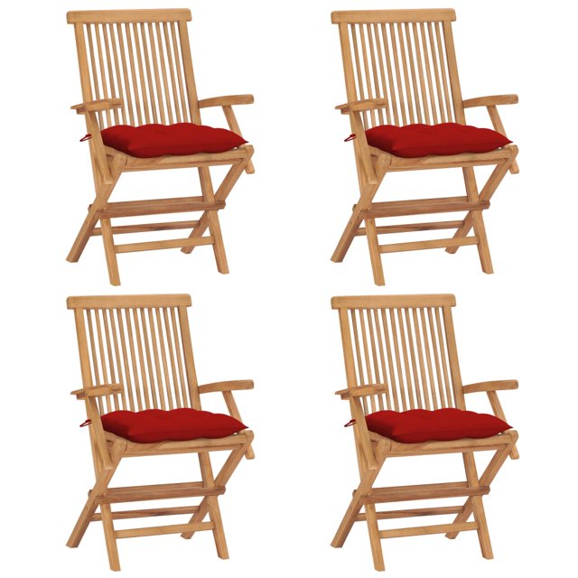 vidaXL Garden Chairs with Red Cushions 4 pcs Solid Teak Wood
