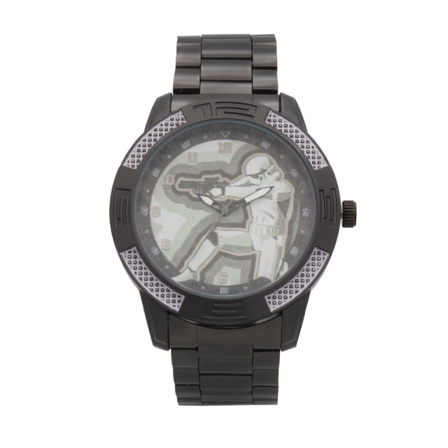 Adult Star Wars Metal Bracelet Watch with a black metal case and matching bracelet strap, 50mm analog dial featuring a Stormtrooper graphic aiming a blaster, black hands, textured bezel with numeric markers, quartz movement, battery included, suitable for everyday wear and Star Wars fans.