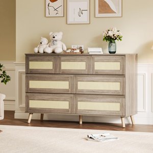 BeesClover Dressing Rattan pour Chambre avec 7 Des tiroirs, 47.2" Grand coffre de tiroirs, commode en bois moderne TV Stand avec jambes en bois pour salon, placard, entrée