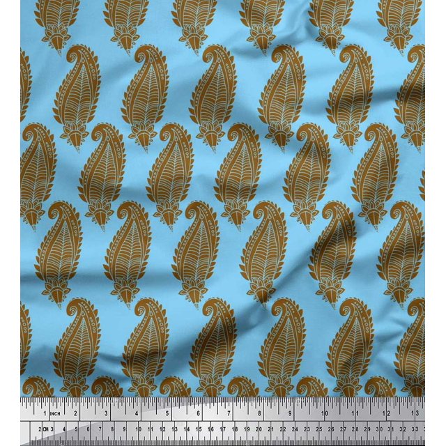 Soimoi Blue Velvet Fabric Brown Paisley Printed Fabric 1 Yard 58 Inch Wide