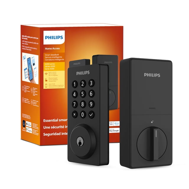 Philips 4200 Series WIFI Smart Deadbolt in black with pushbutton PIN keypad and keyhole, paired with the interior thumb turn lock, shown with the orange Philips Home Access box highlighting Wi-Fi connectivity and remote control features for door hardware.