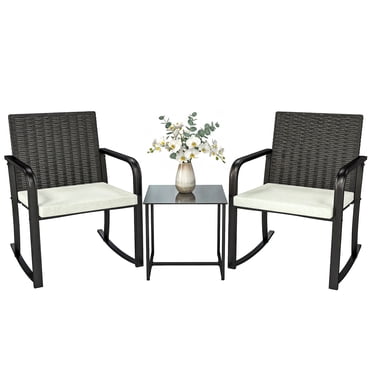 Outsunny 3 Pieces Wicker Patio Furniture Rocking Bistro Set with Cushions