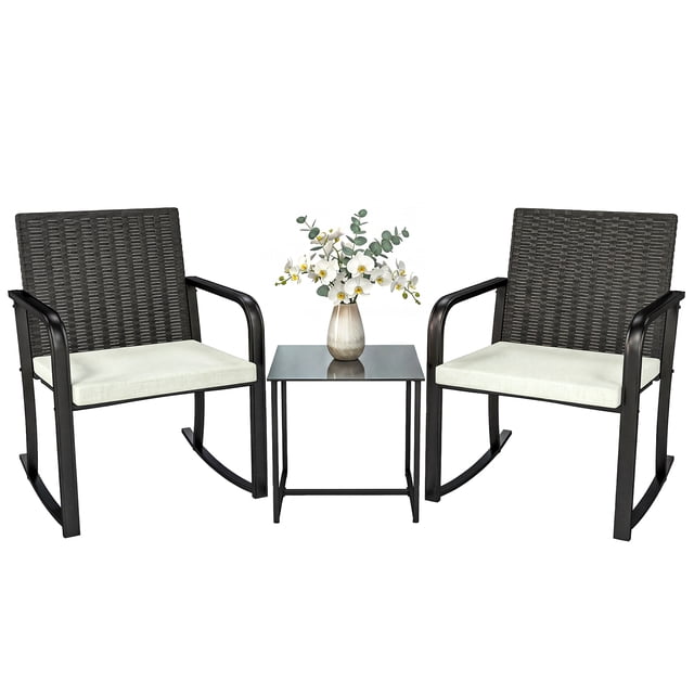 Outsunny 3 Pieces Wicker Patio Furniture Rocking Bistro Set with Cushions