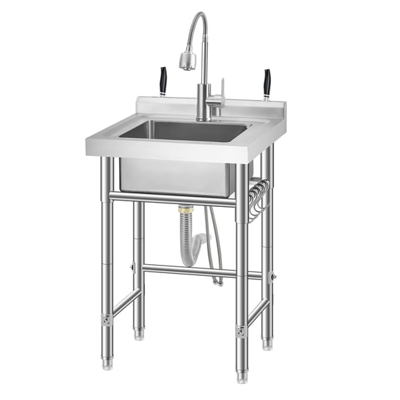 Évier Utilitaire en Acier Inoxydable avec Robinet et Tablette de Rangement, Évier Autoportant à Bol Unique 304 avec Pattes Ajustables, Crochets en S, Tuyaux d'Eau Chaude et Froide pour Cuisine, Buanderie, Garage, Ferme, Usage Extérieur
