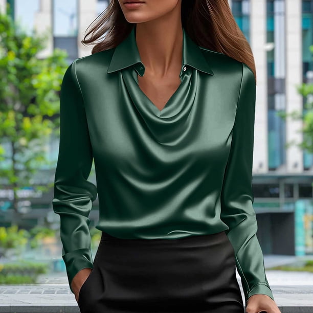 WRKEKC Long Sleeve Blouses for Women Solid Color Draped Collar