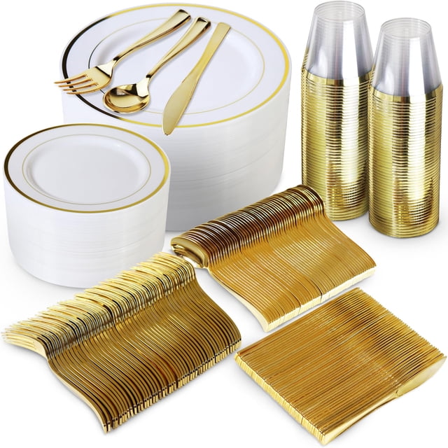 600 Piece Gold Dinnerware Set – 200 White and Gold Plates – Set of 300 Gold Plastic Silverware – 100 Plastic Cups – Disposable Gold Dinnerware Set for Party - 100 Guests