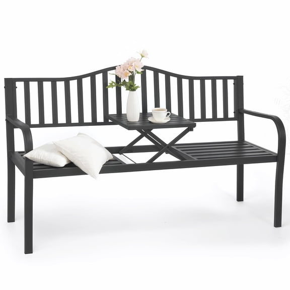 Naipo Banc de Jardin Extérieur en Métal 59 Pouces Banc de Patio avec Table Intégrée Banc de Parc, Banc Extérieur Résistant aux Intempéries Banc de Véranda avant, 500 Lb
