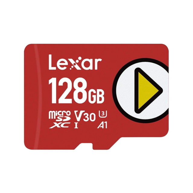 Lexar Play Carte Mémoire Numérique microSDXC 128 Go en Rouge avec Texte Blanc et Icône de Bouton de Lecture Jaune, Dotée des Classes de Vitesse V30, U3 et A1 pour une capture Vidéo Full HD Rapide et des Performances d'Appli, Idéale pour Appareils de Jeu et Téléphones Intelligents.