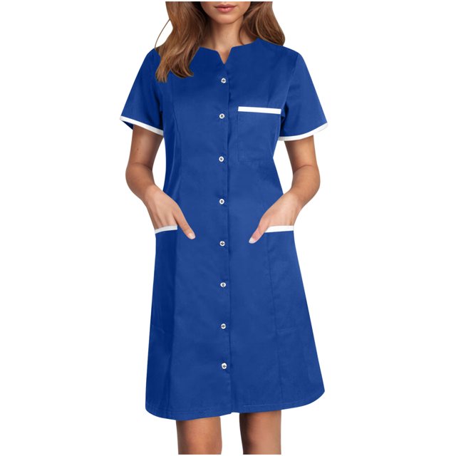 Bocqde Robe de Sarrau Femmes Infirmières Tenue de Travail Robes Manches Courtes Boutonnée Robe de Sarrau avec Poches