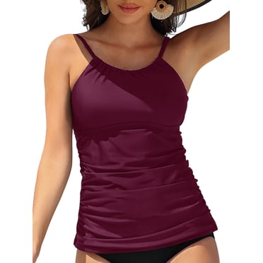Charmo Women's High Neck Tankini Tops Only Tummy Control Swimsuit Top Ruched Swim Top Without Bottoms