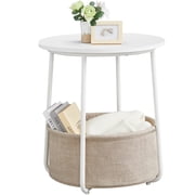 VASAGLE Small Round Side End Table, Modern Nightstand with Fabric Basket, Matte White and Camel Brown