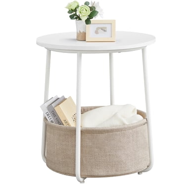 VASAGLE Small Round Side End Table, Modern Nightstand with Fabric Basket, Matte White and Camel Brown