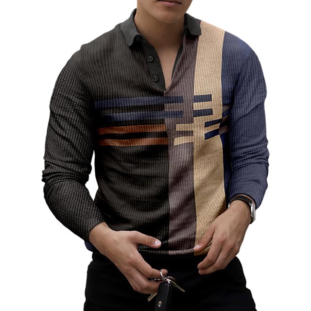 Innerwin Polo Shirt Lapel Neck Men T Shirts Business Long Sleeve Color Block Tee Style O L