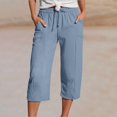 thumbnail image 2 of Oksale Linen Capris for Women Summer Casual Loose Plus Size Straight Capri Pants with Pockets Elastic Drawstring Waist Lounge Pants Light Blue L, 2 of 7