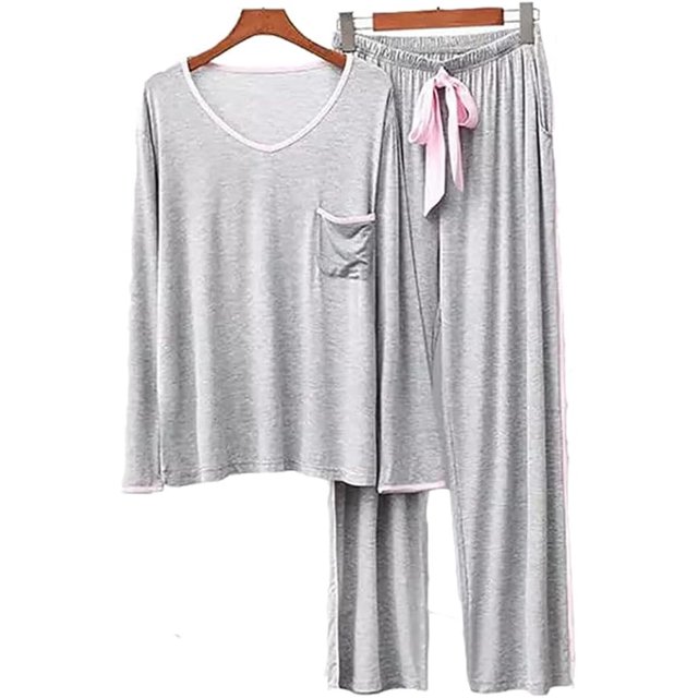 Crescentt Pyjama de Luxe en Modal Respirant et Confortable pour Femmes, Ensemble de Pyjama Ultra Doux Classique en Modal à Manches Longues - Gris Pâle et Rose, Grand