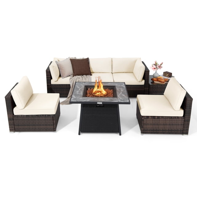 Gymax Set of 7 Patio Furniture Set w/ 35'' Propane Gas Fire Pit Table & Waterproof Cover Off White