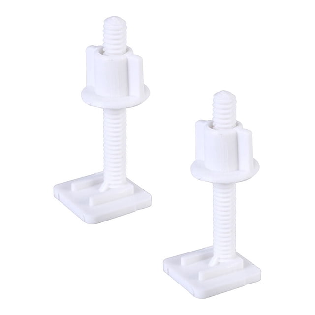 4Pcs Plastic Toilet Seat Hinge Bolt Screw with Nuts Set 27x27mm in white color. The set includes two screws and two nuts made of durable plastic, designed for securing toilet seats to the bowl. Each piece measures approximately 2.7 x 2.7 cm (1.1 x 1.1 inches) and features an easy-to-install design for DIY use.