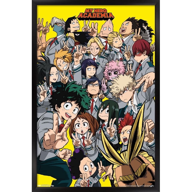 My Hero Academia - Affiche Murale Selfie, 22,375 Po x 34 Po, Montrant Plusieurs Personnages d'Anime en Uniforme Scolaire en Pose avec des Signes de Paix sur un Fond Jaune Vif, Imprimée sur du Papier Fini Satiné Lustré aux Couleurs Vibrantes, Convient pour Décorer des Chambres, des Résidences Étudiantes Ou des Bureaux.