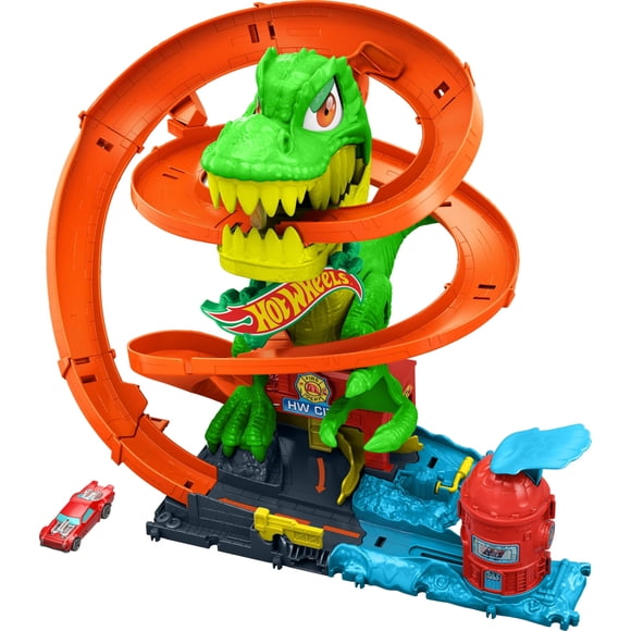 Hot Wheels Toy Car Track Set, City T-Rex Blaze Battle Playset & 1:64 Scale Die-Cast Vehicle, 18â Tall, Multiple Race Outcomes, Spinning Dinosaur Eyes