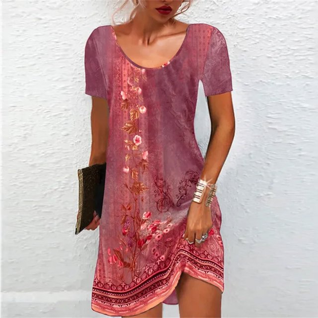 LOVZFMLL Robe Chandail Imprimée à Col Rond et Manches Courtes pour Femme Rouge 5TG