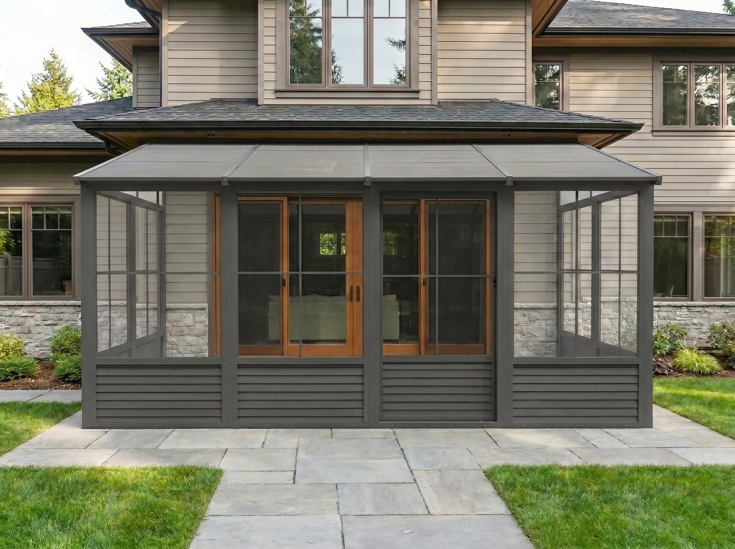 Gazebo Penguin Florence 8 ft x 16 ft Metal Roof Wall Mounted Solarium - Slate