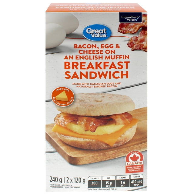Great Value Bacon, Egg & Cheese on an English Muffin Breakfast Sandwich box showing a toasted English muffin sandwich with crispy bacon, folded egg, and cheddar cheese slice, 240 g (2 x 120 g) pack made with Canadian eggs and naturally smoked bacon, including nutrition facts and Canadian origin label.